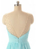 A-line Sheer V Neckline Blue Chiffon Ruched Beaed Bridesmaid Dress